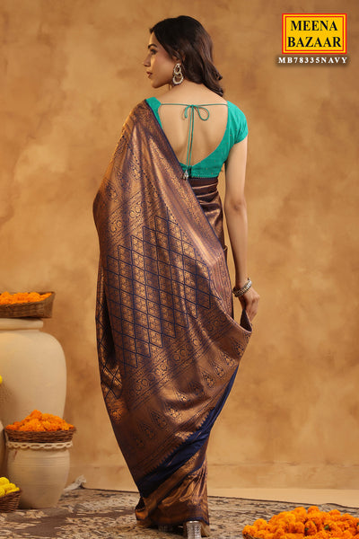 Navy Silk Zari Woven Embroidered Saree