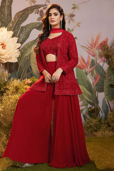 Maroon Georgette Floral Threadwork and Sequins Embroidered 4-Piece Suit