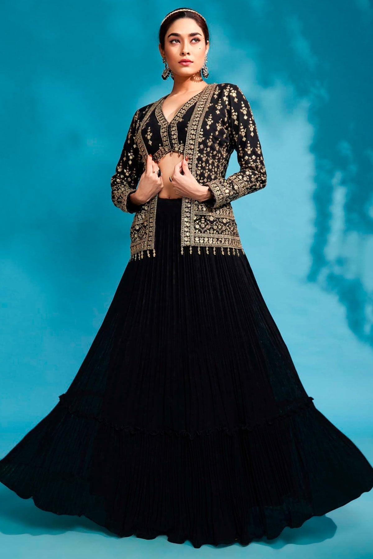 Black Georgette Zari and Sequins Embroidered 4-Piece Lehenga Set