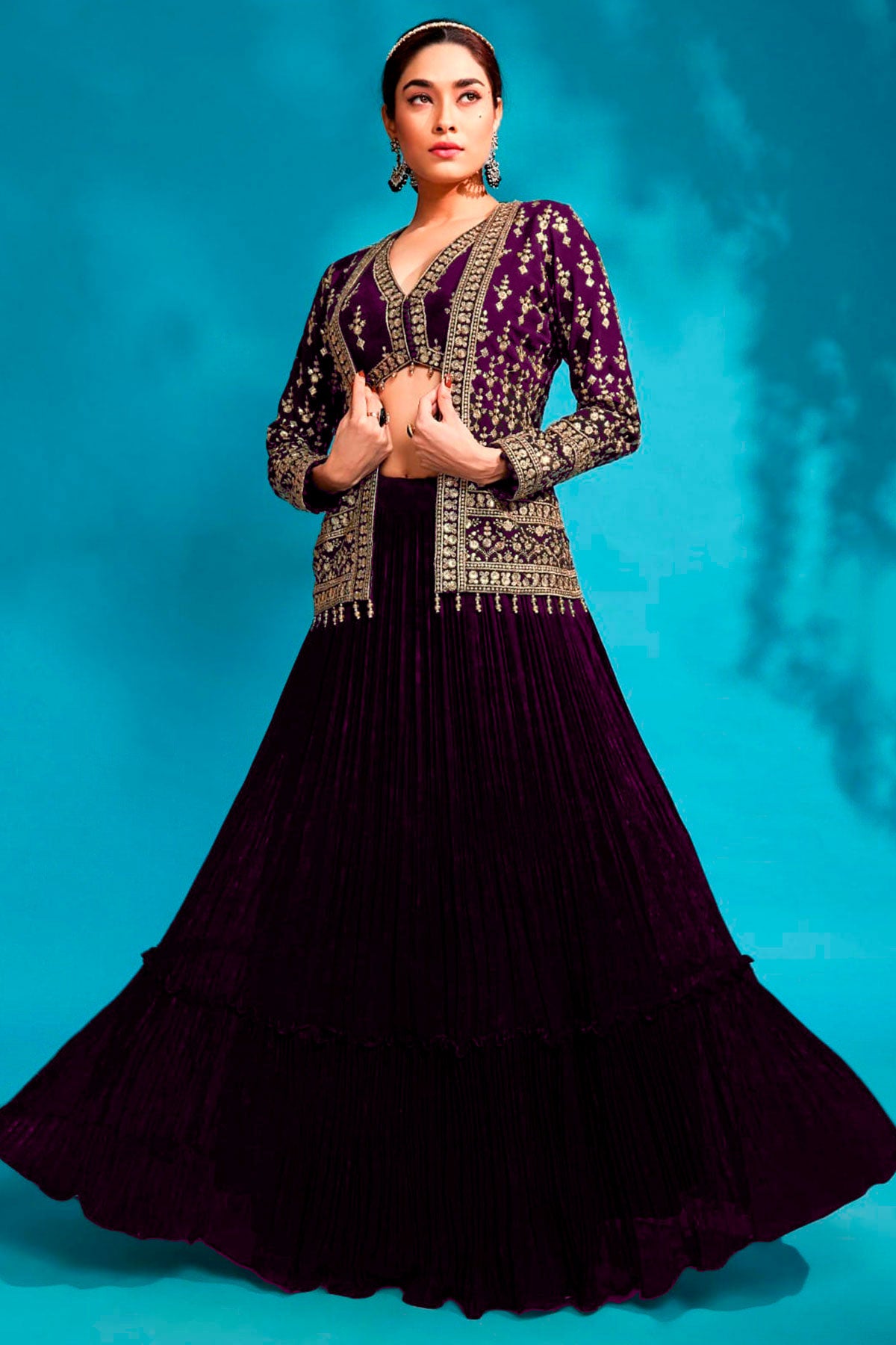 Wine Georgette Zari and Sequins Embroidered 4-Piece Lehenga Set