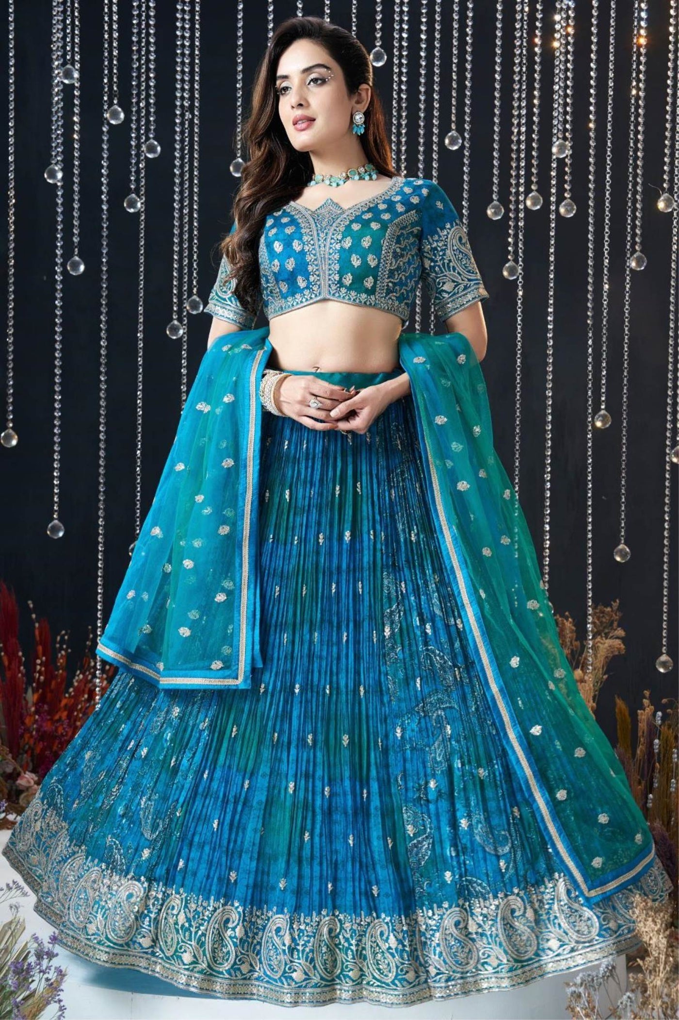 Rama Art Silk Sequins And Zari Embroidered Digital Print Crop Top Lehenga