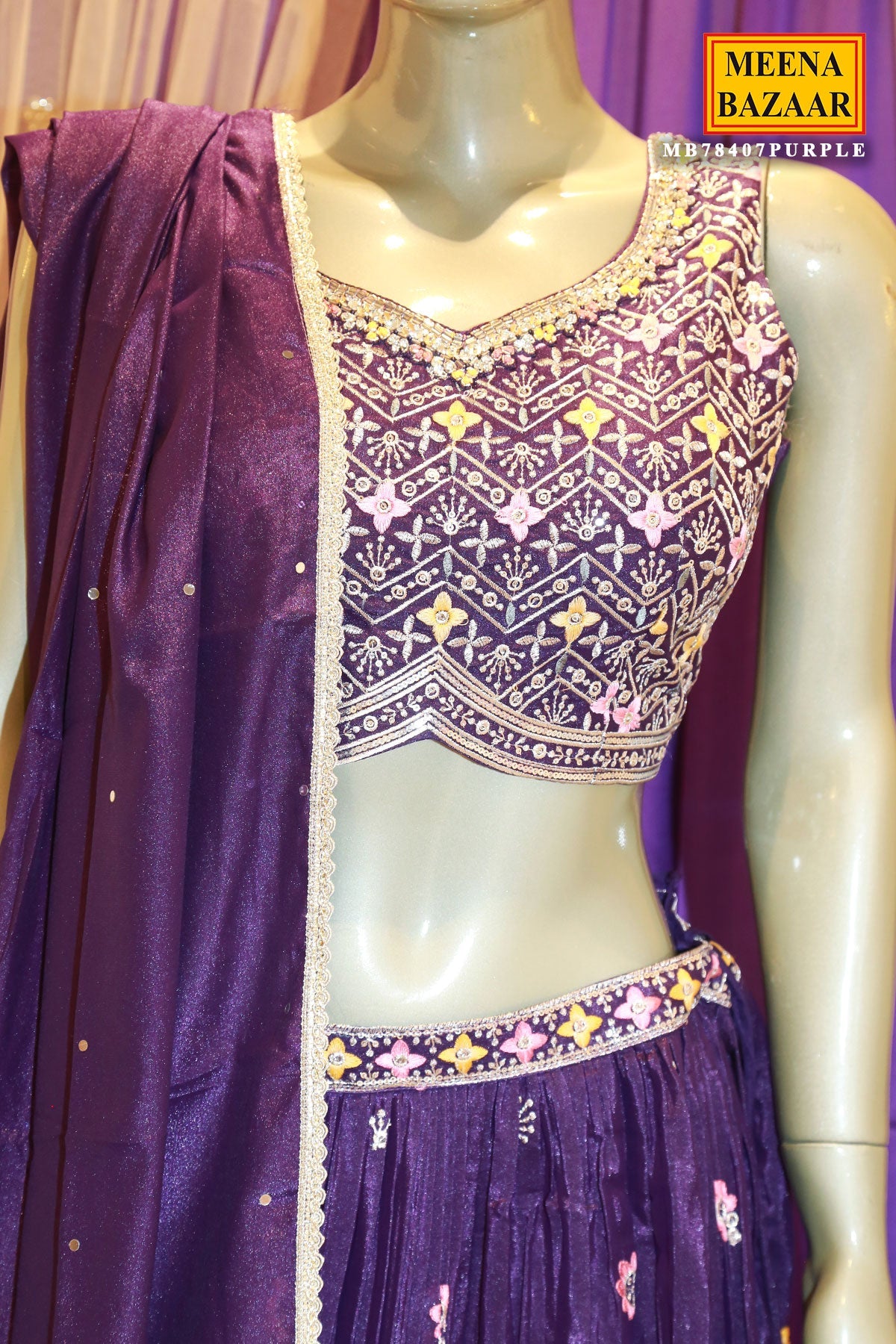 Purple Georgette Sequins, Cut-dana Embroidered Lehenga