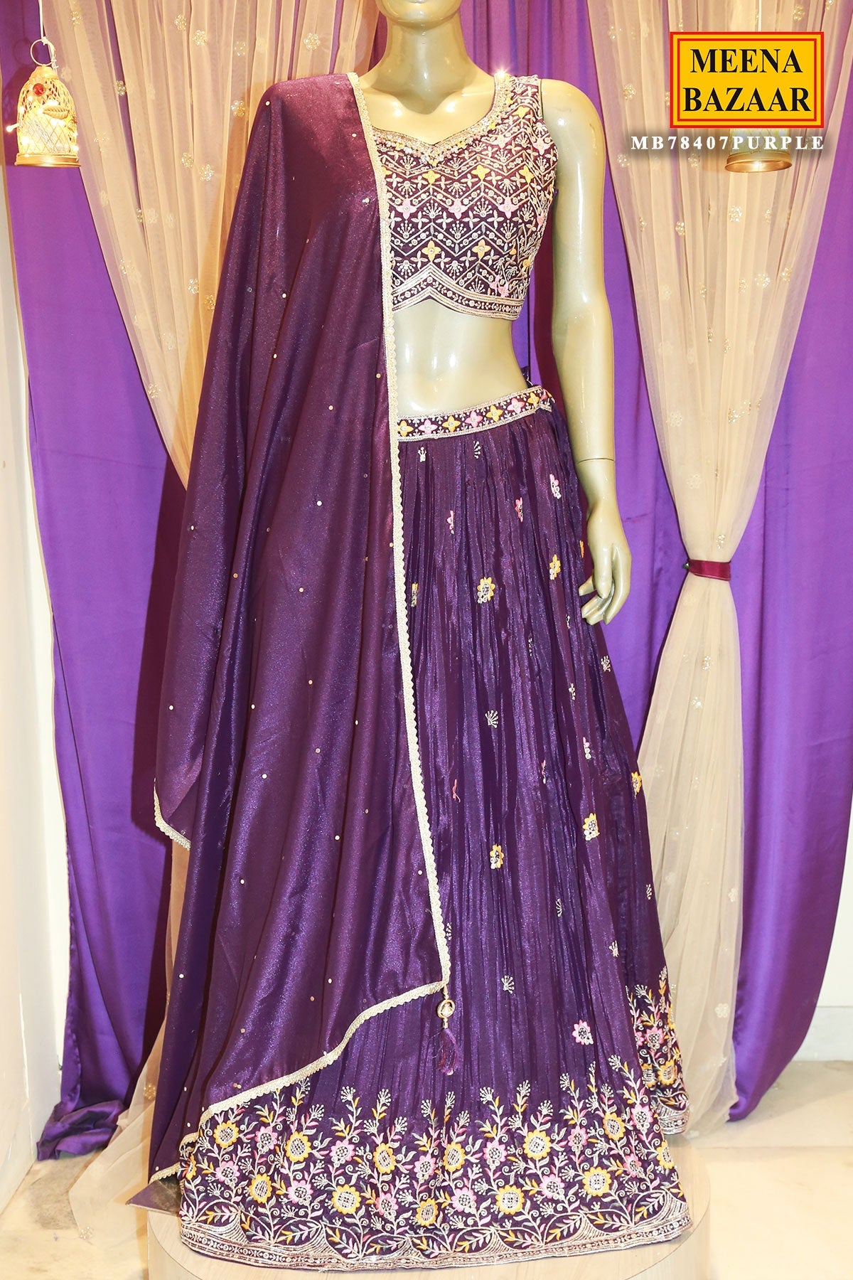 Purple Georgette Sequins, Cut-dana Embroidered Lehenga