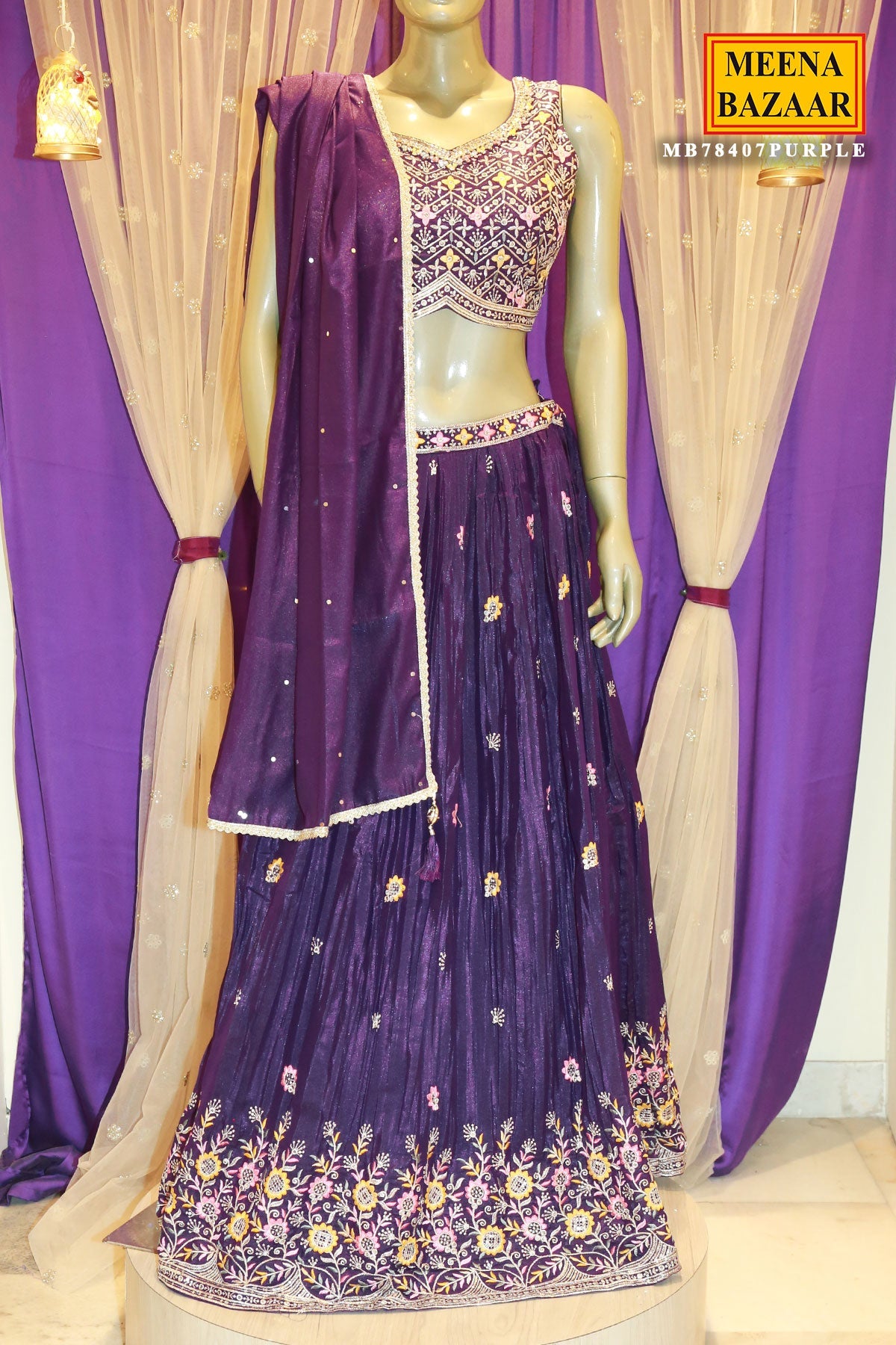 Purple Georgette Sequins, Cut-dana Embroidered Lehenga