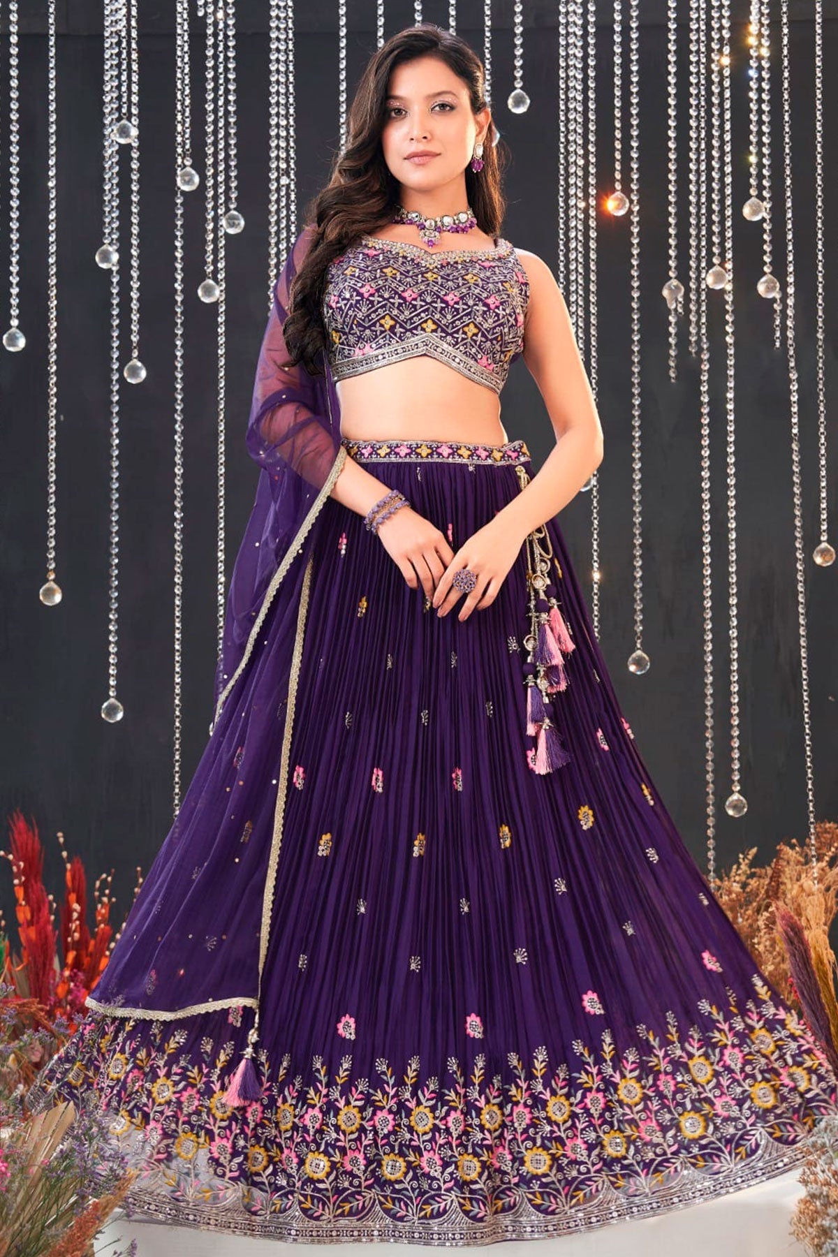 Purple Georgette Sequins, Cut-dana Embroidered Lehenga