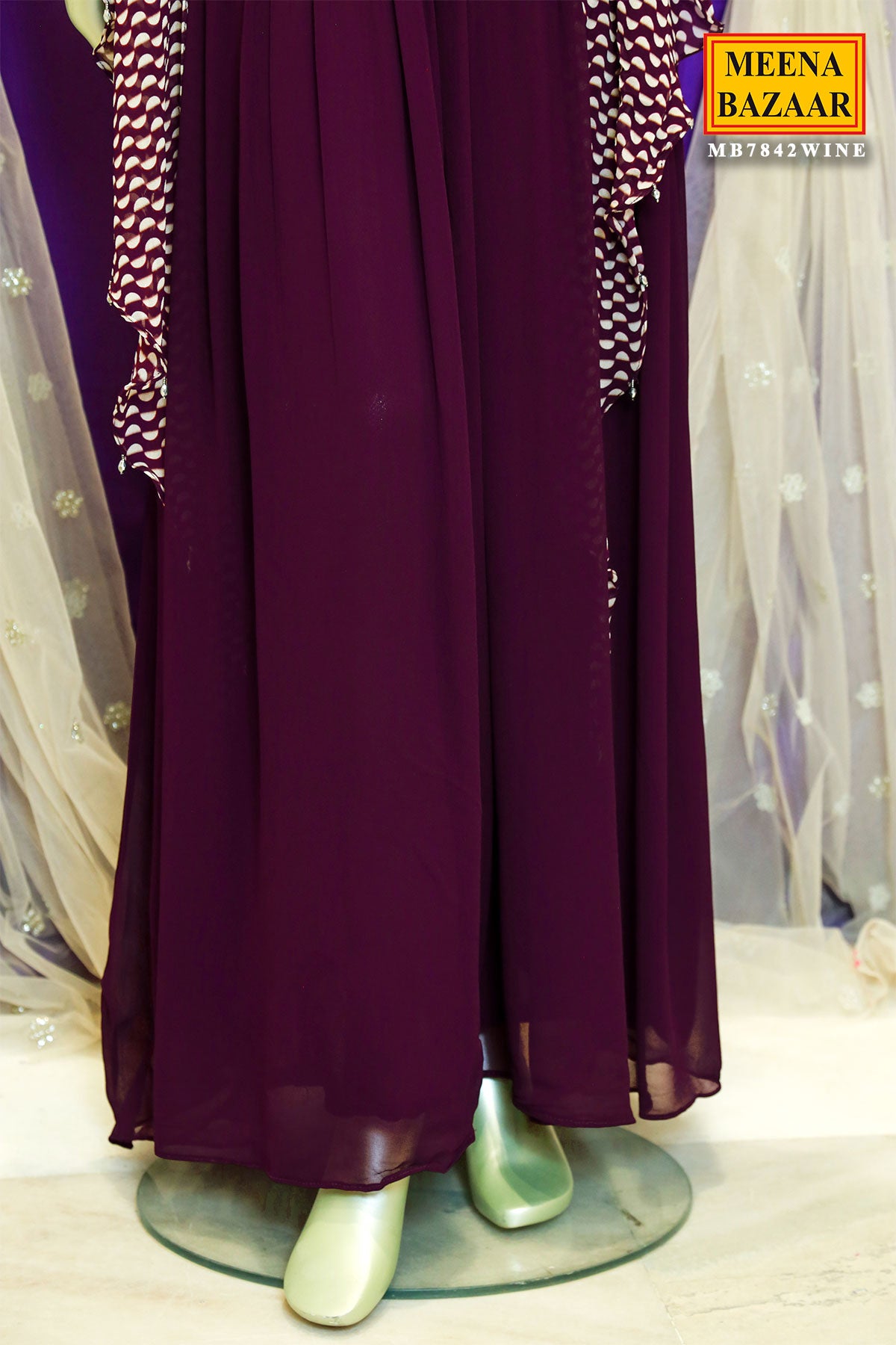 Wine Georgette Neck Embroidered Floor Length Gown with Asymmetrical Sleeves