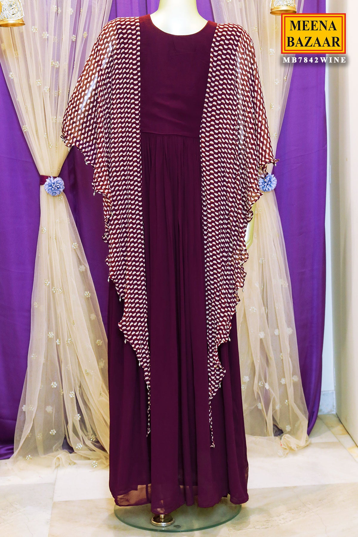 Wine Georgette Neck Embroidered Floor Length Gown with Asymmetrical Sleeves