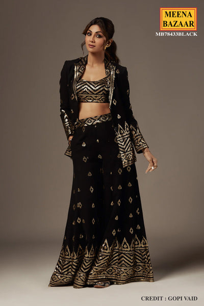 Black Georgette Sequin Embroidered Sharara Set