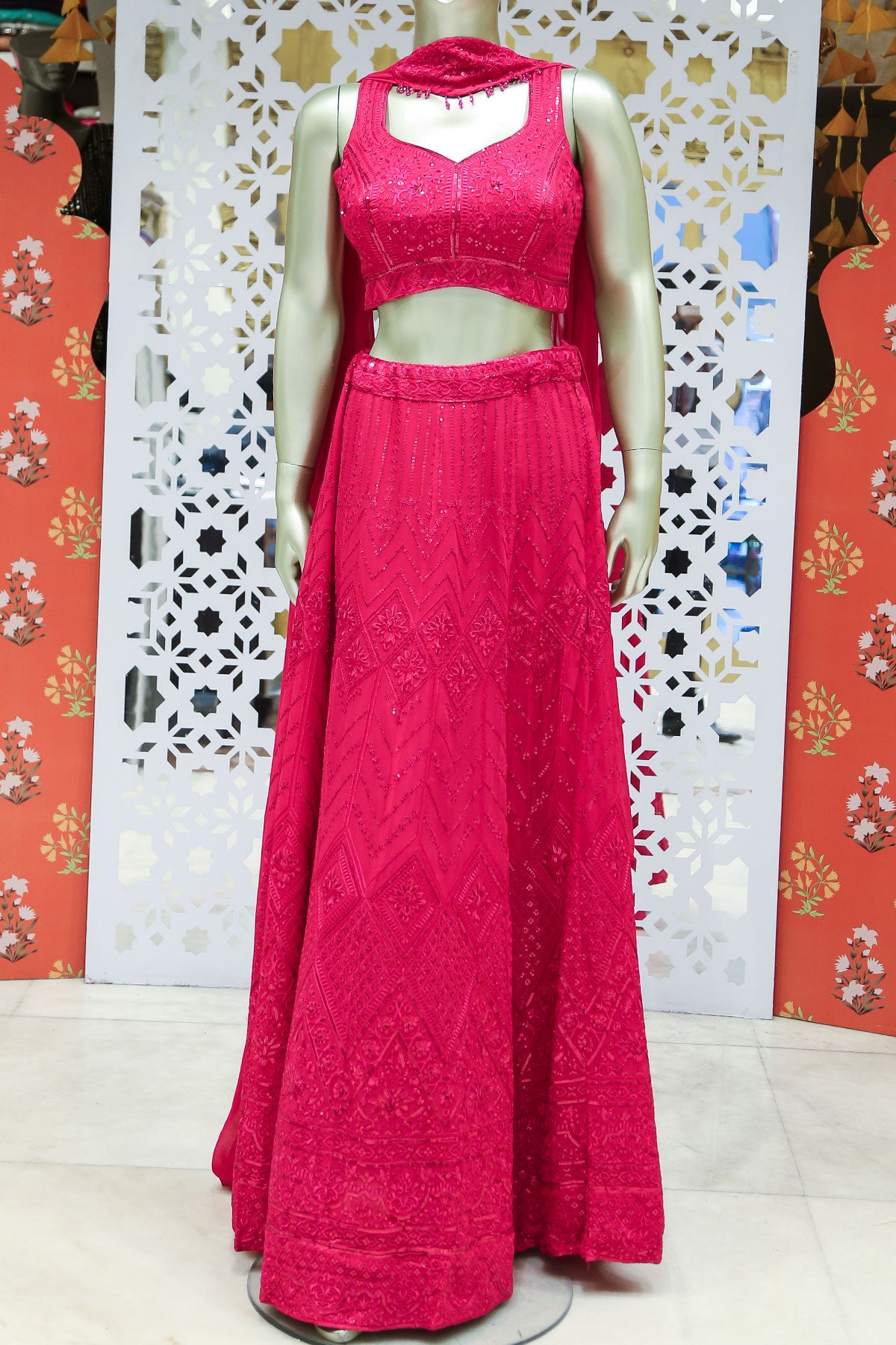 Rani Pink Georgette Sequins and Threadwork Embroidered Lehenga