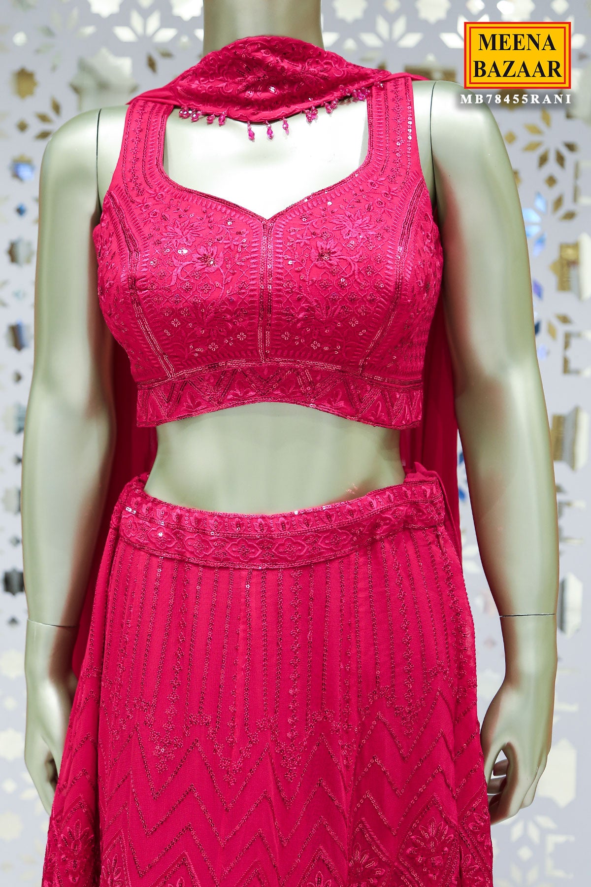 Rani Pink Georgette Sequins and Threadwork Embroidered Lehenga