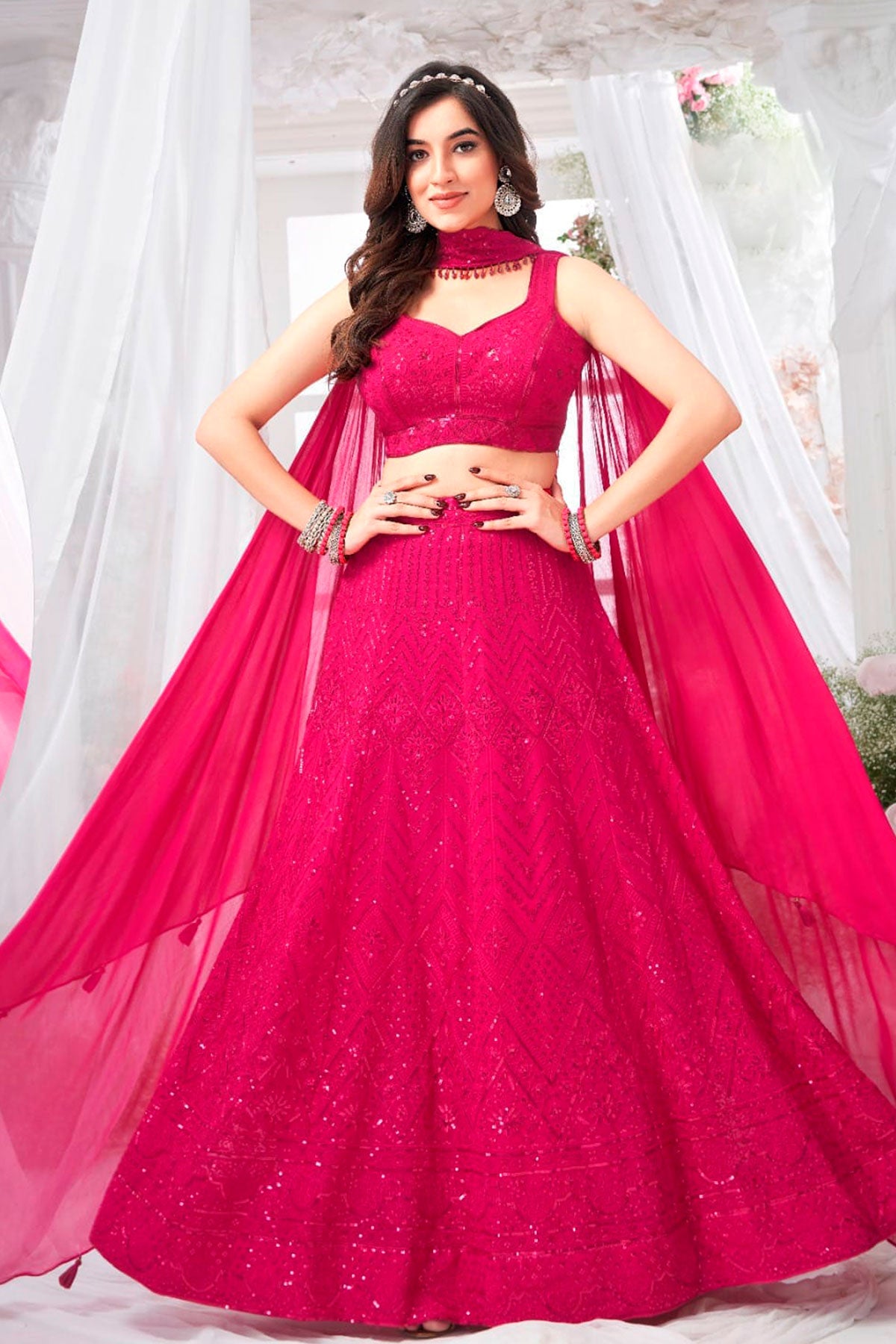 Rani Pink Georgette Sequins and Threadwork Embroidered Lehenga