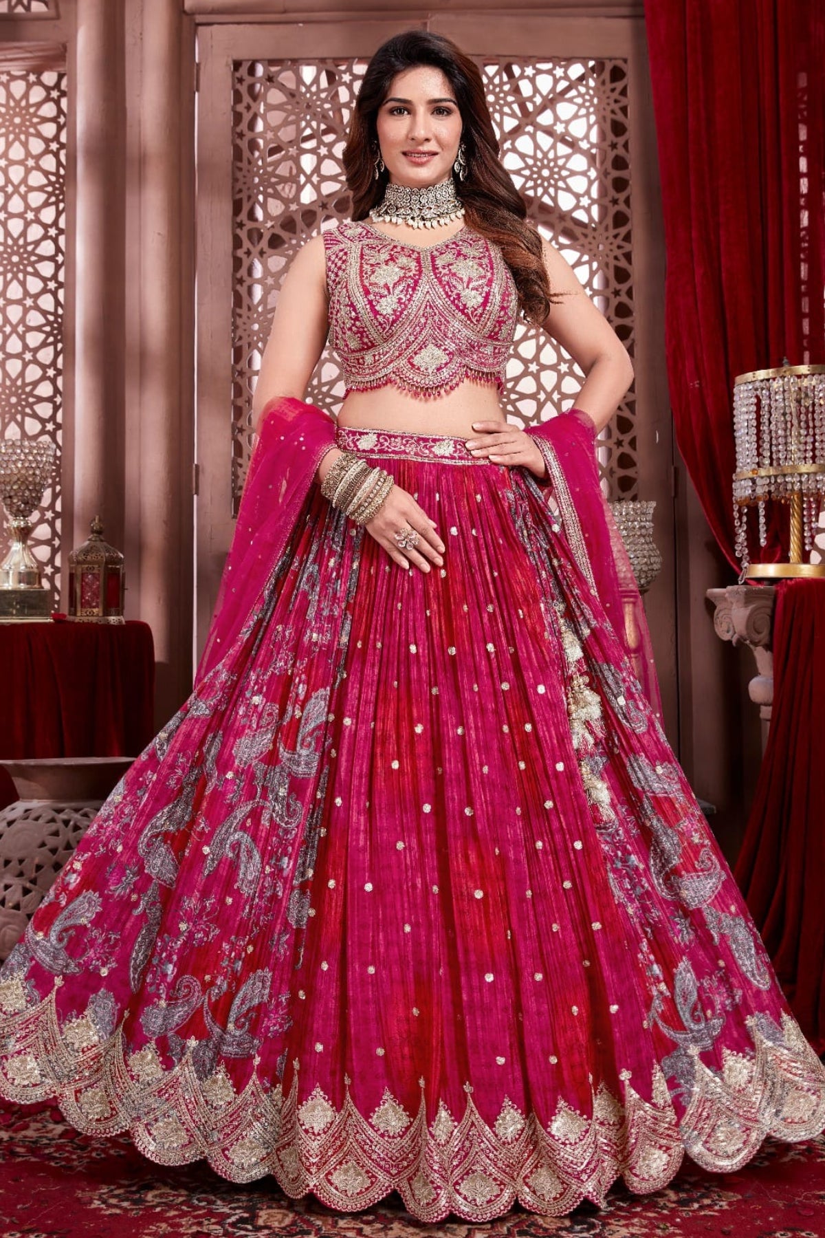 Rani Printed Chinon Zari, Sequin Embroidered Lehenga