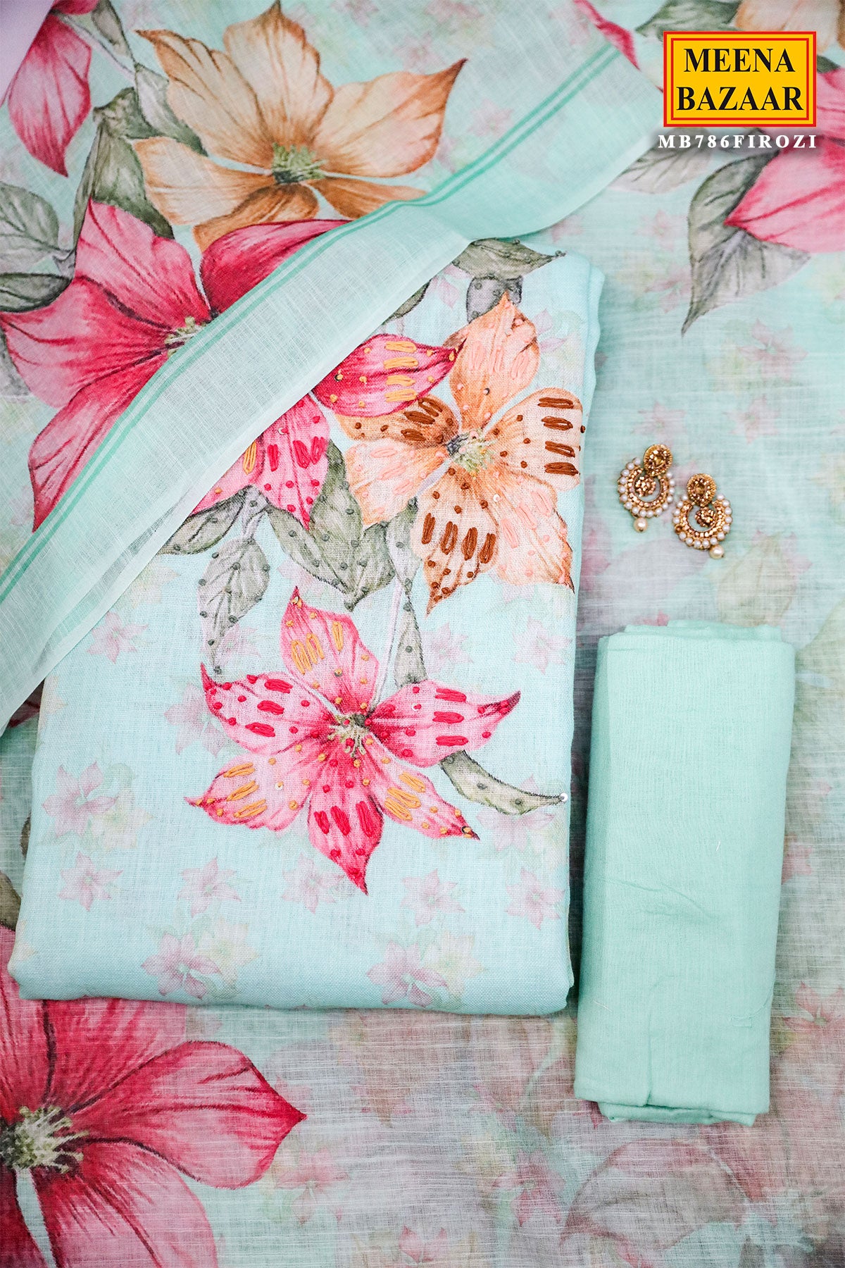 Firozi Florel Printed Thread Work Suit With Print Dupatta