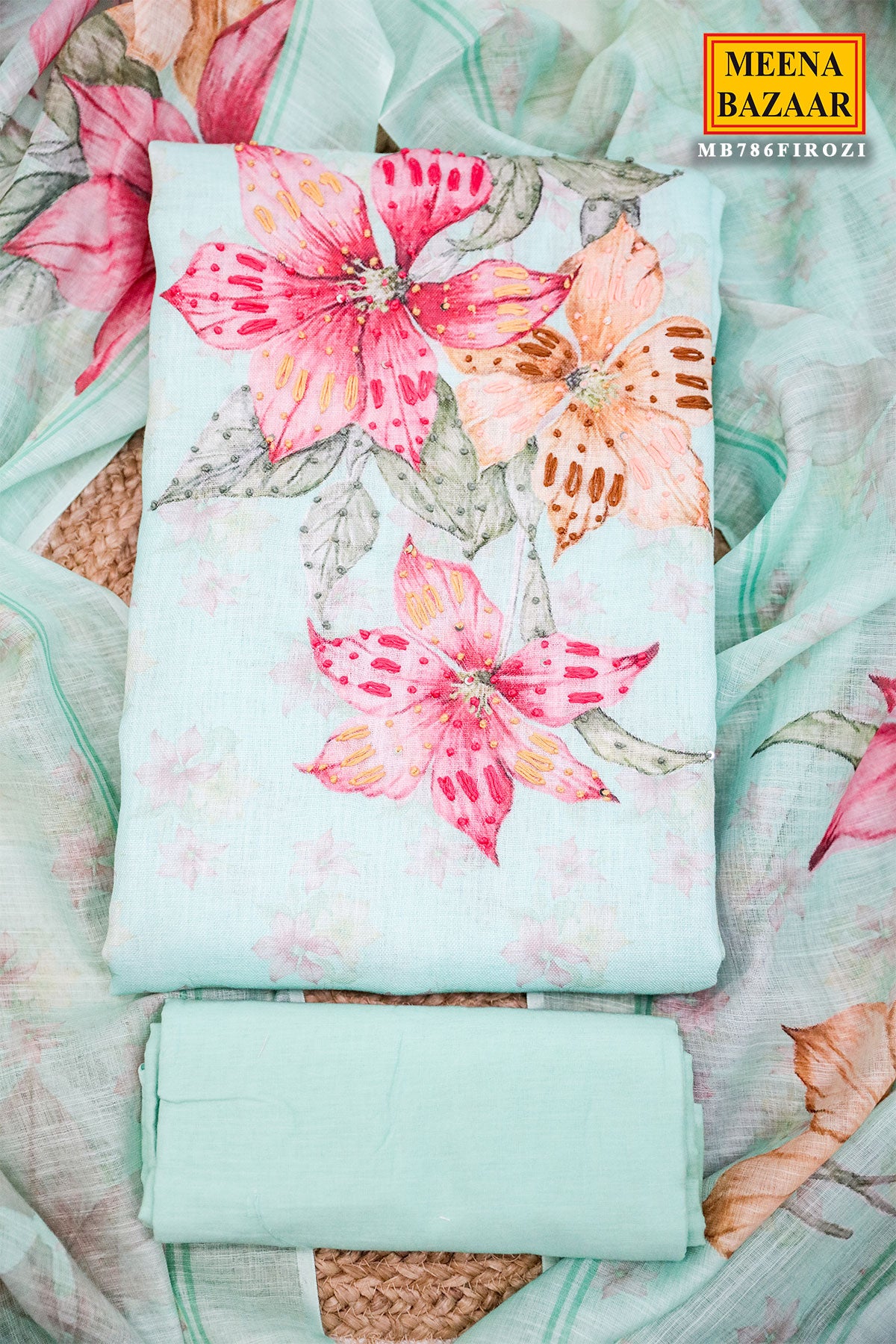 Firozi Florel Printed Thread Work Suit With Print Dupatta