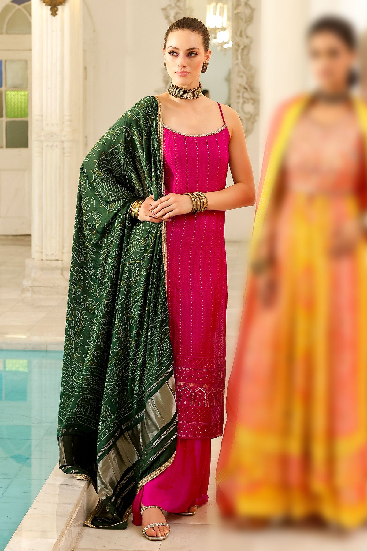 Rani Cotton Zari, Sequins, and Threadwork Embroidered Suit with Bandhej Print Silk Dupatta
