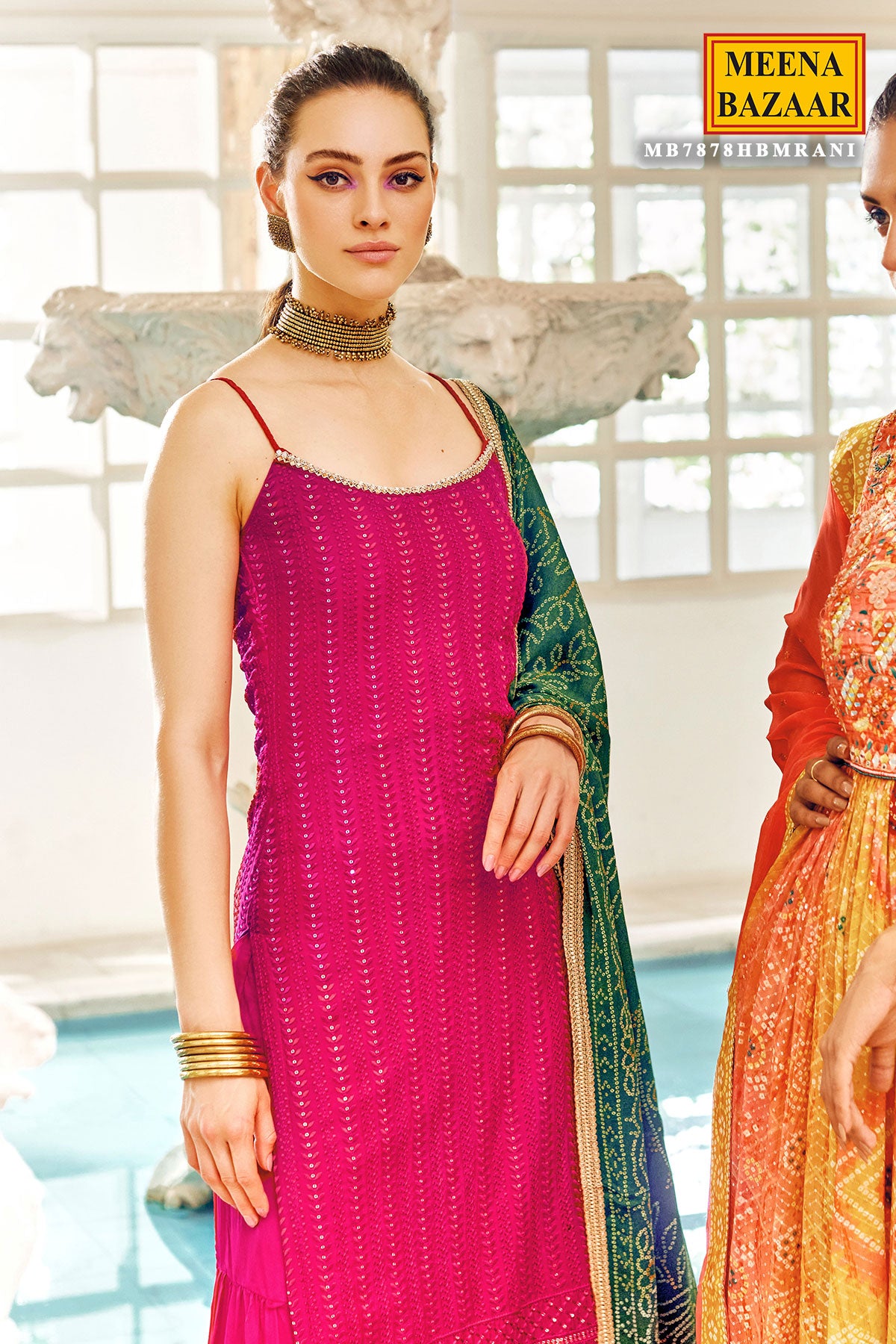 Rani Cotton Zari, Sequins, and Threadwork Embroidered Suit with Bandhej Print Silk Dupatta