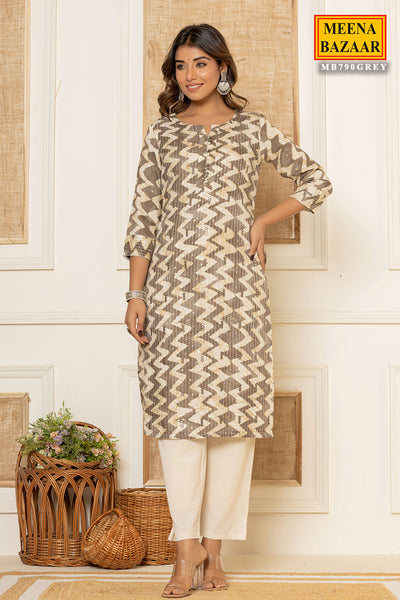 Grey Viscose Rayon Printed Kurti Pant Set