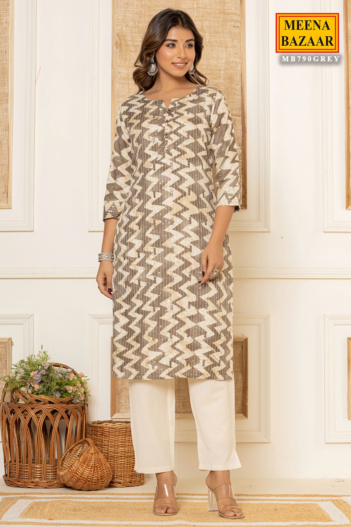 Grey Viscose Rayon Printed Kurti Pant Set