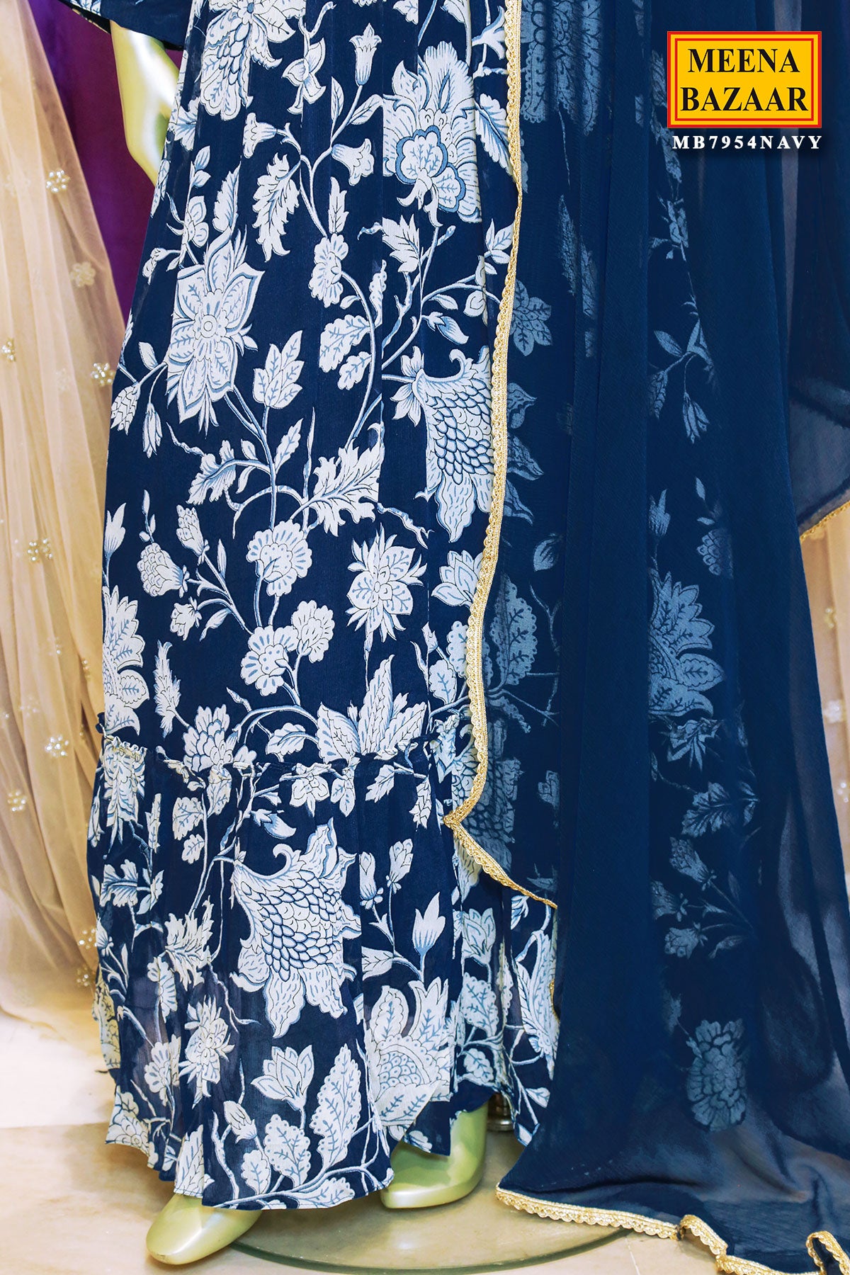 Navy Chiffon Floral Printed Embroidered Floor-Length Gown with Dupatta