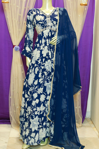 Navy Chiffon Floral Printed Embroidered Floor-Length Gown with Dupatta