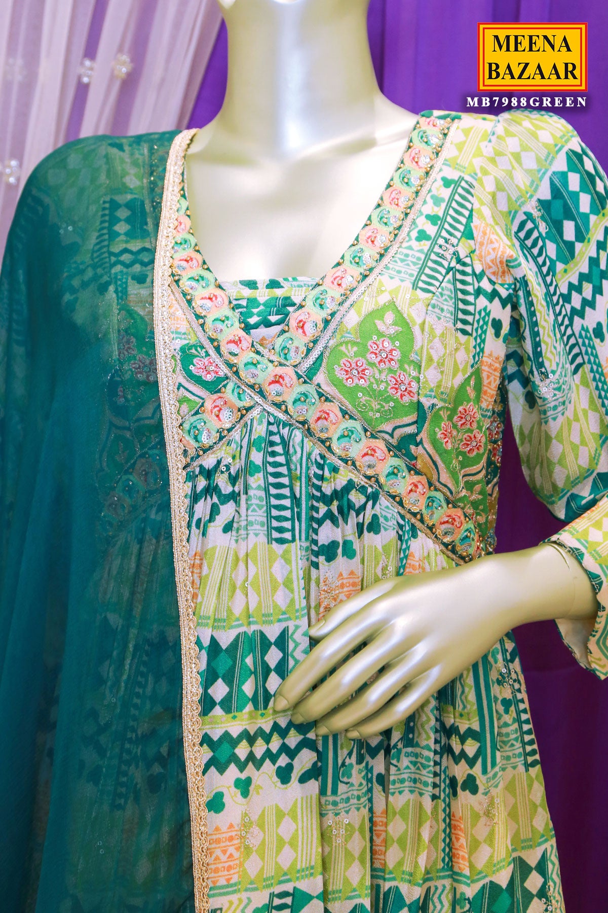 Green Chinon Printed Floor Length Embroidered Gown with Dupatta