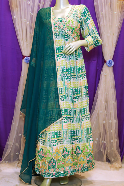Green Chinon Printed Floor Length Embroidered Gown with Dupatta