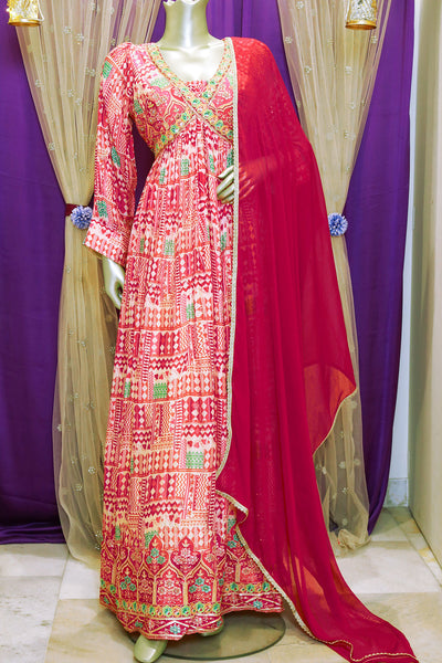 Rani Chinon Printed Floor Length Embroidered Gown with Dupatta