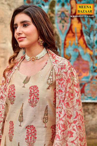 Beige Chanderi Floral Neck Embroidered Suit Set