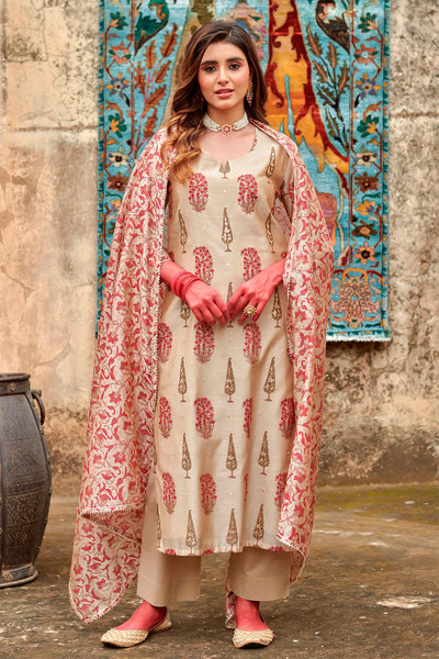 Beige Chanderi Floral Neck Embroidered Suit Set