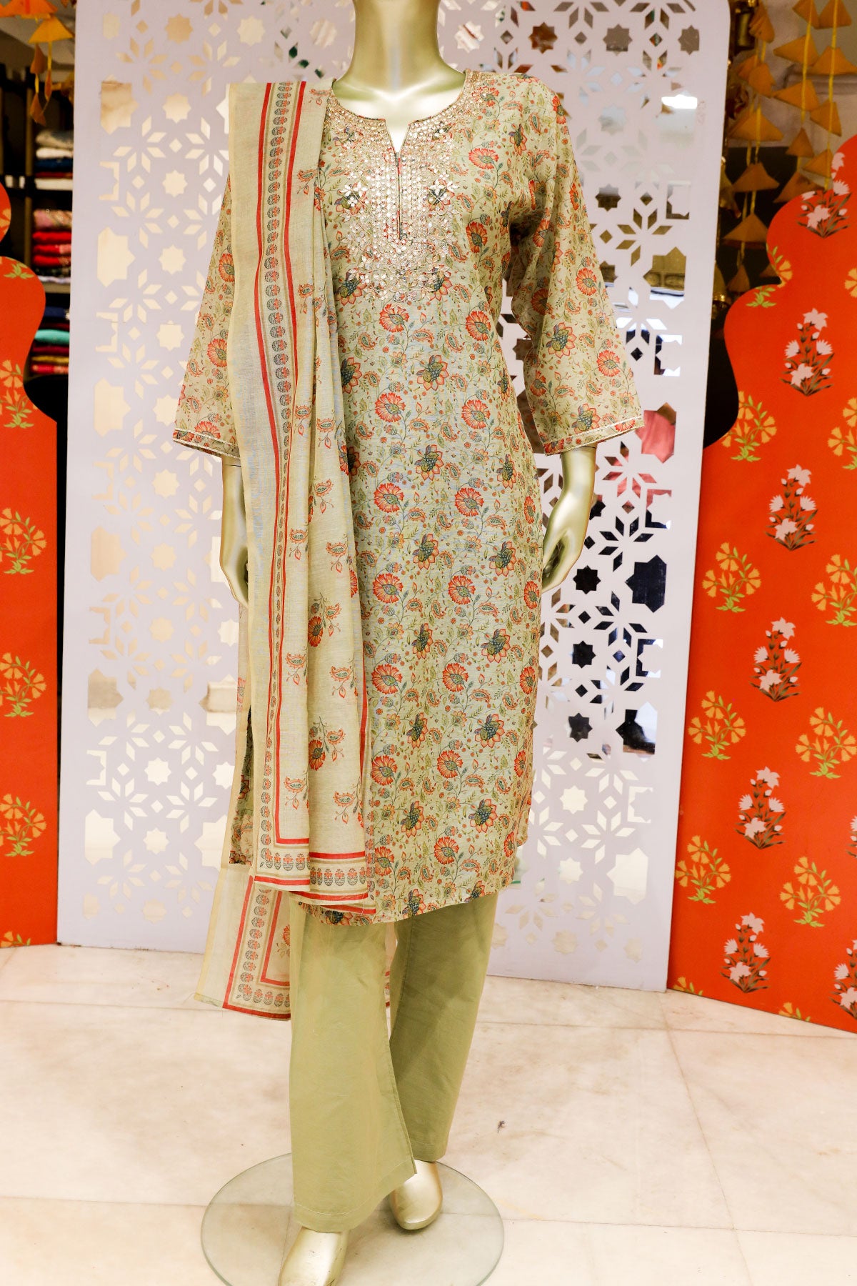 Pista Chanderi Printed Gota Embroidered Suit