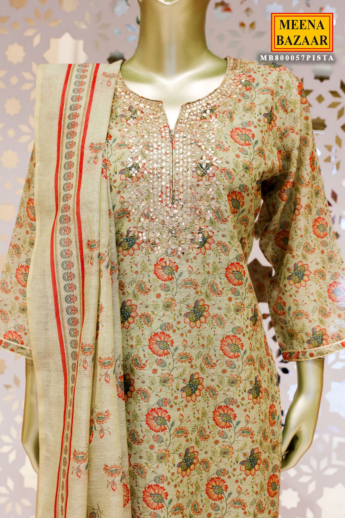 Pista Chanderi Printed Gota Embroidered Suit