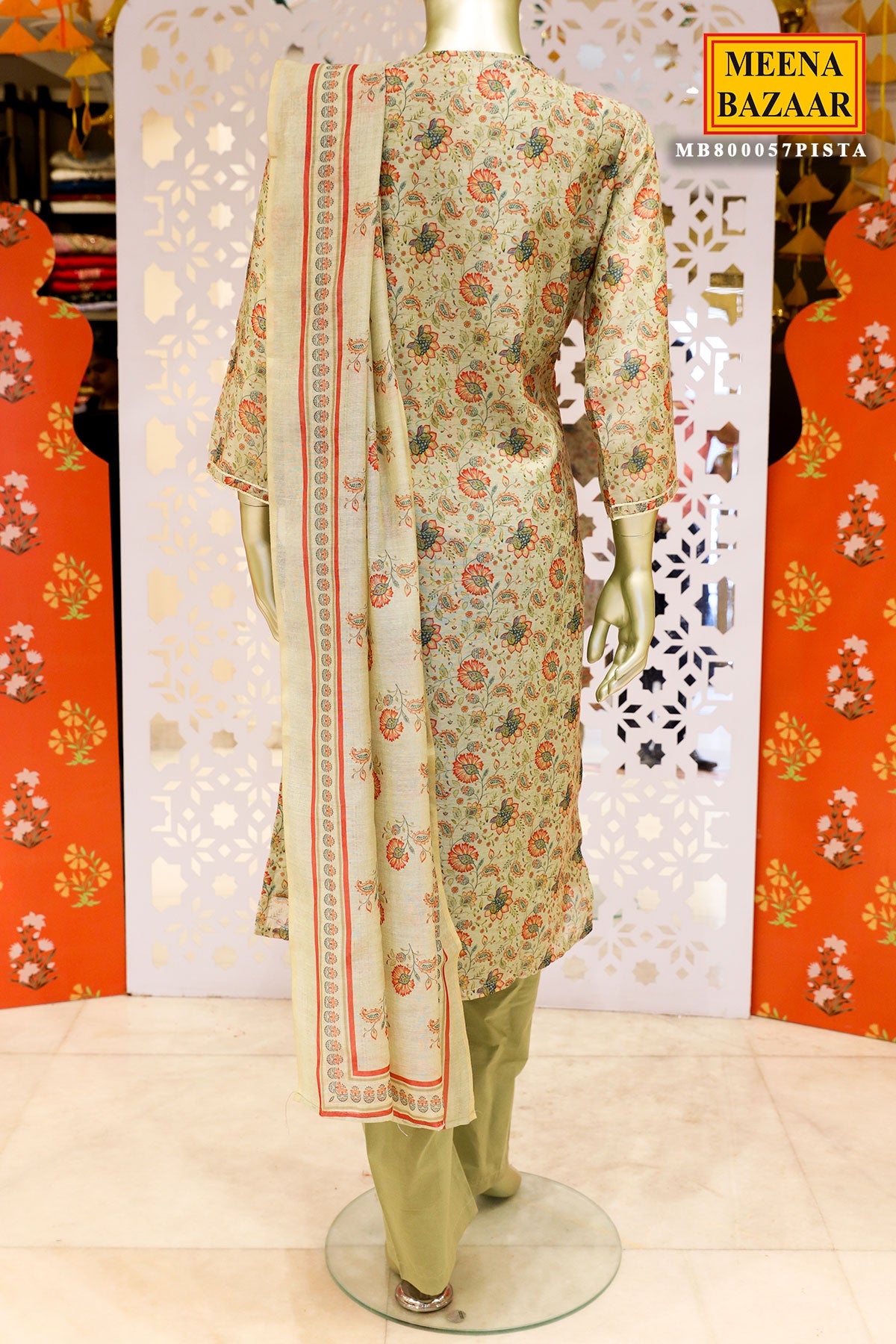 Pista Chanderi Printed Gota Embroidered Suit