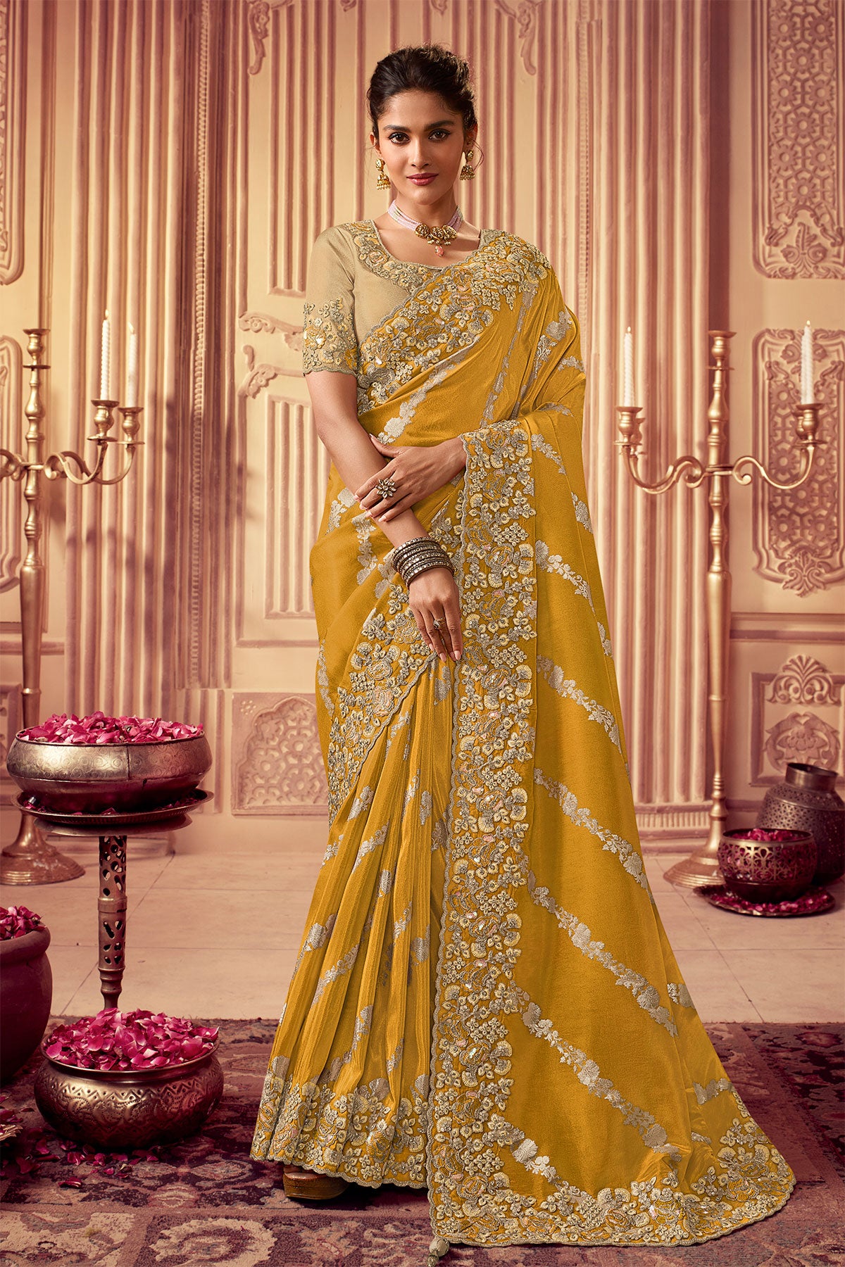 Mustard Viscose Silk Jacquard Zari Weaving Saree