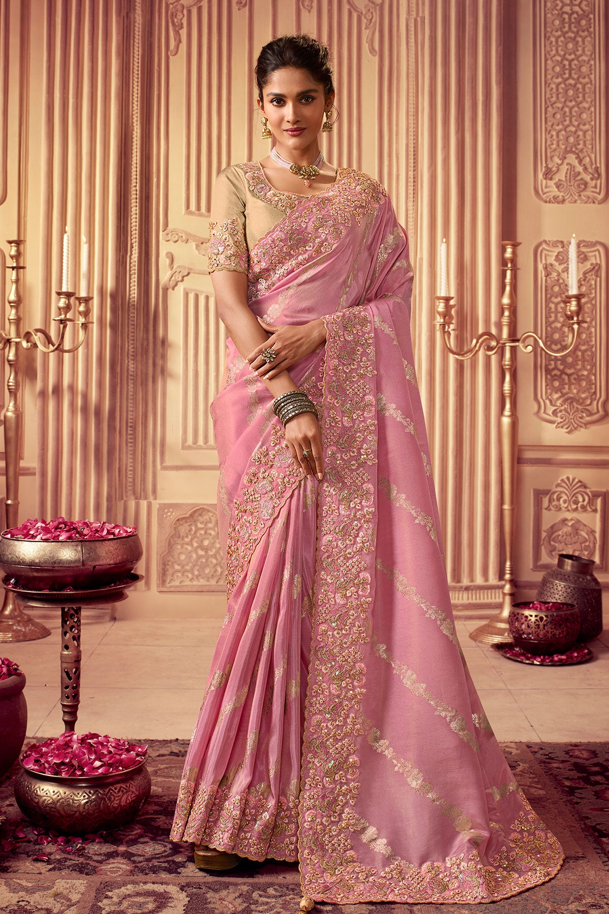 Pink Viscose Silk Jacquard Zari Weaving Saree