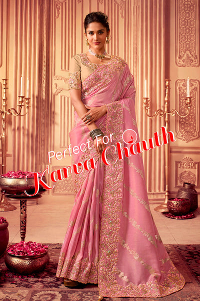 Pink Viscose Silk Jacquard Zari Weaving Saree