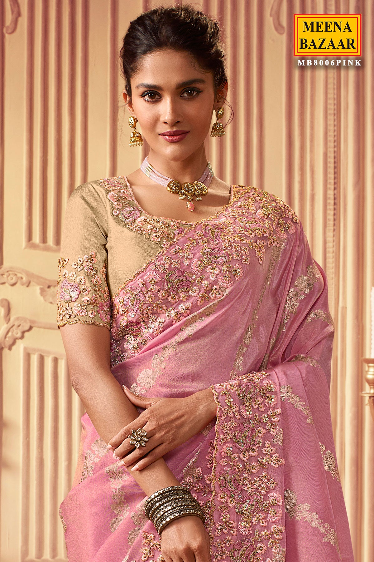 Pink Viscose Silk Jacquard Zari Weaving Saree