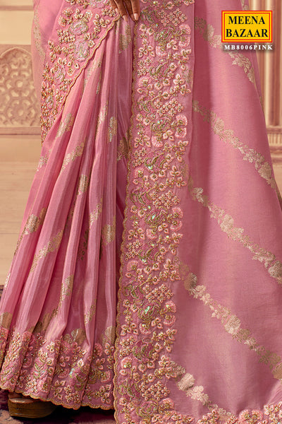 Pink Viscose Silk Jacquard Zari Weaving Saree