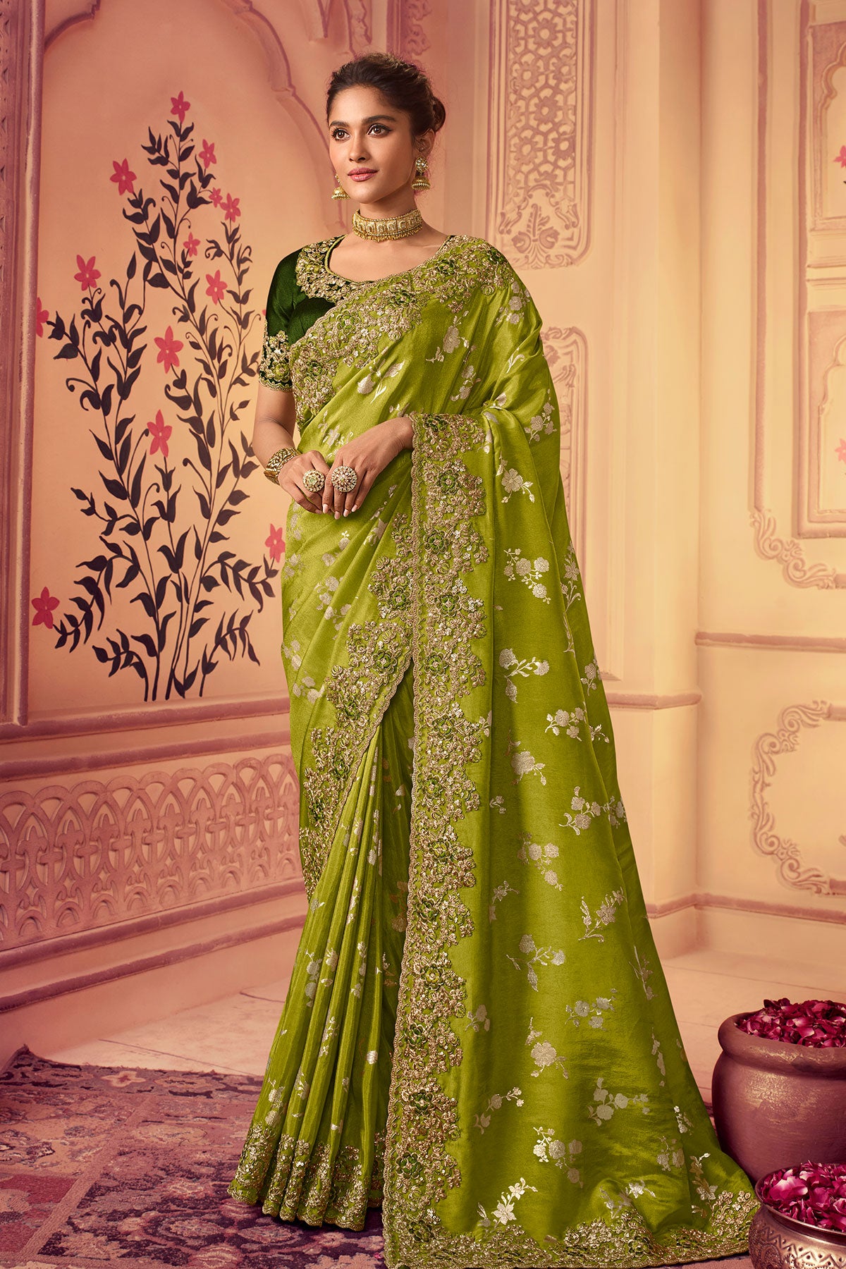 Parrot Green Viscose Silk Jacquard Zari Weaving Saree