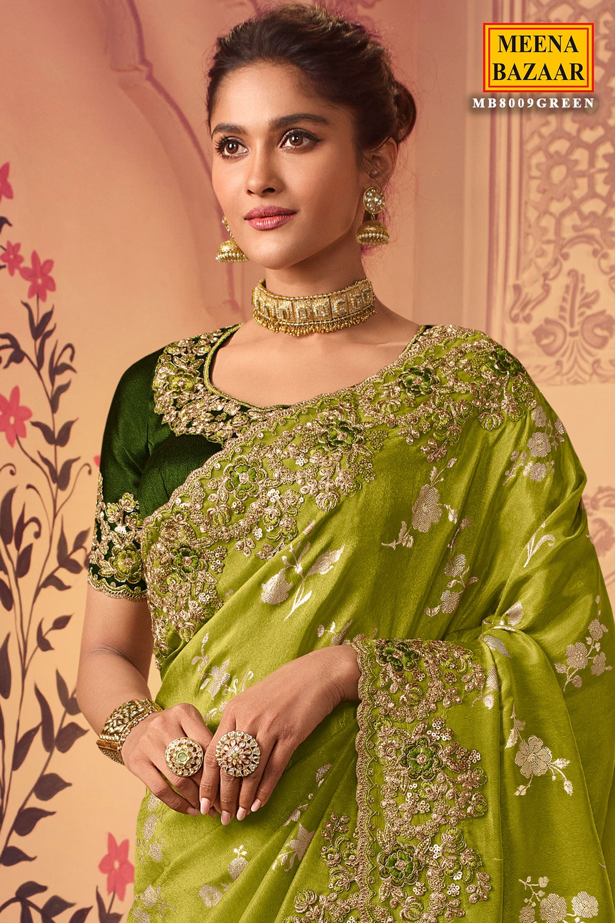 Parrot Green Viscose Silk Jacquard Zari Weaving Saree