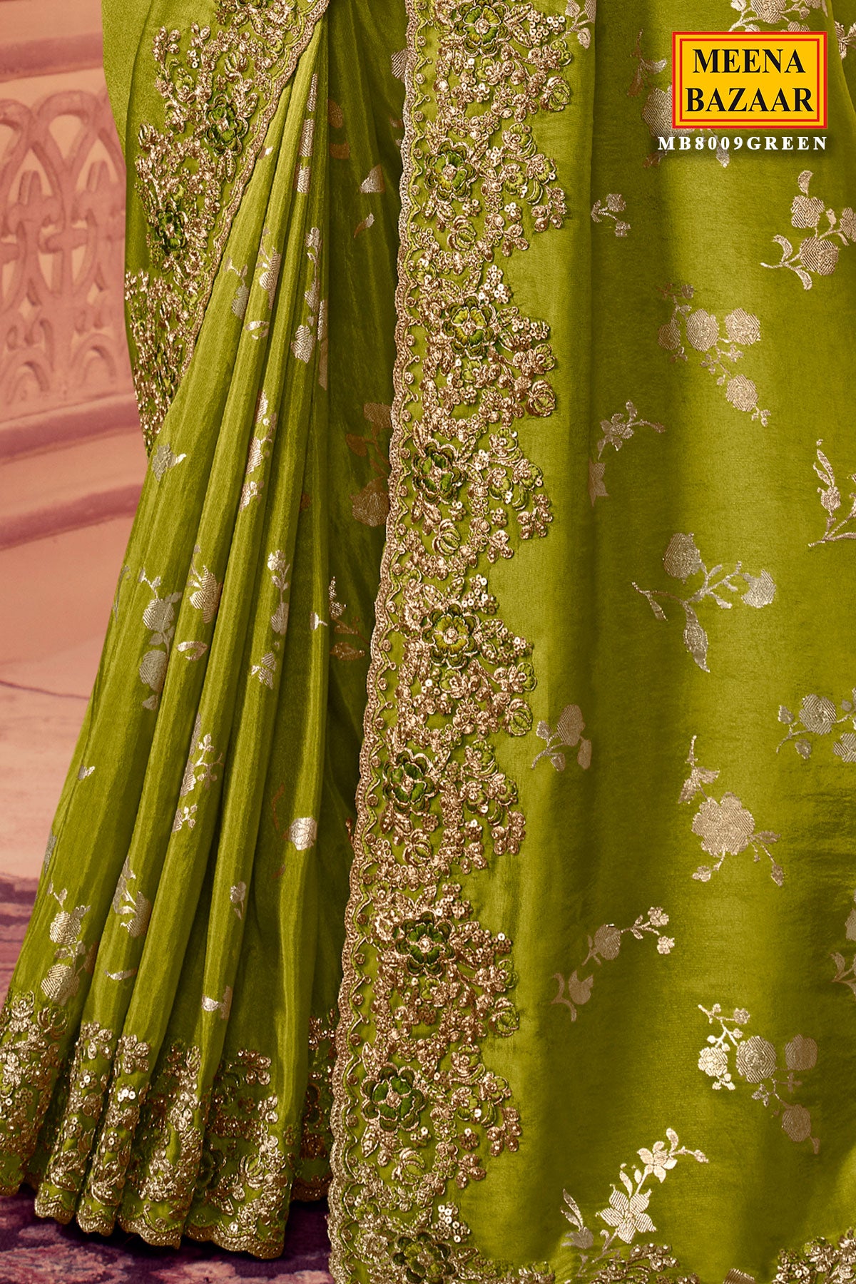 Parrot Green Viscose Silk Jacquard Zari Weaving Saree