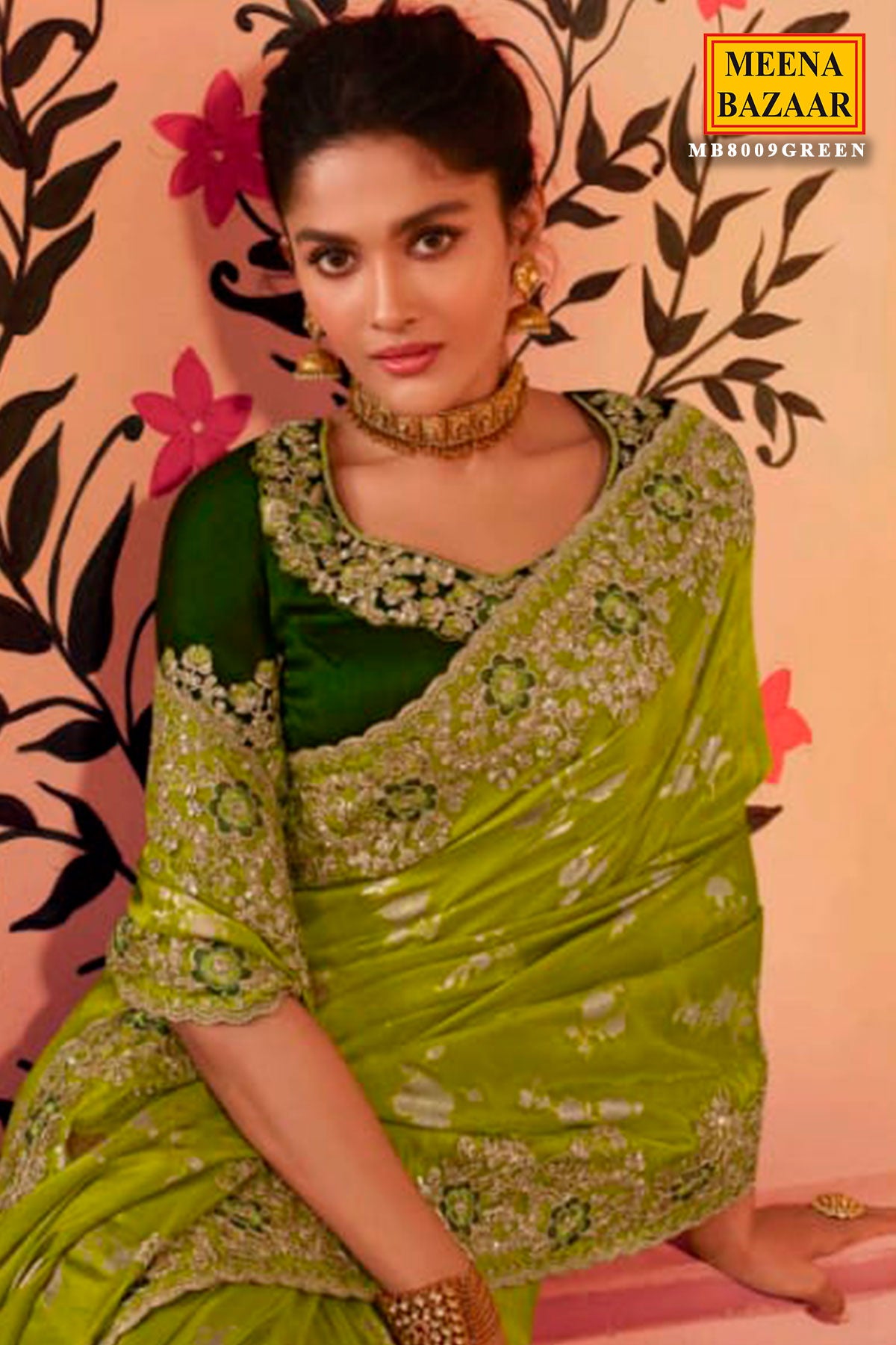 Parrot Green Viscose Silk Jacquard Zari Weaving Saree