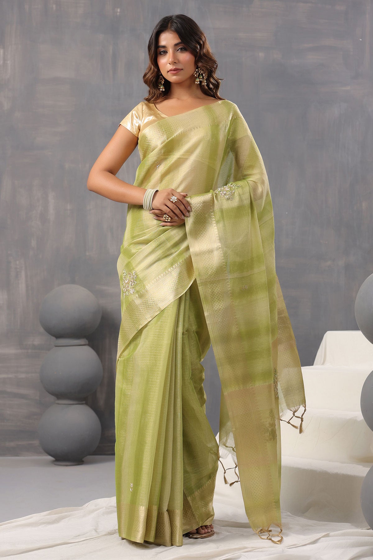 Pista Cotton Woven Embroidered Saree