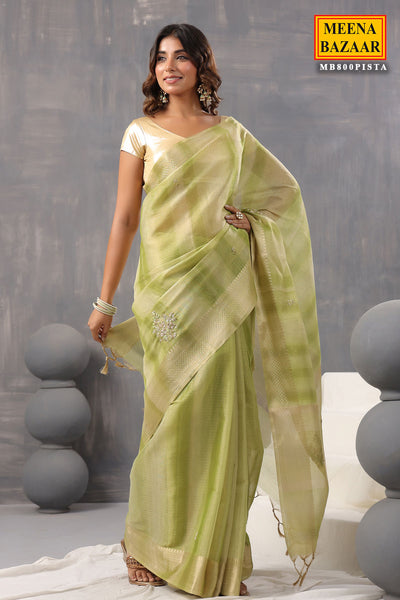 Pista Cotton Woven Embroidered Saree