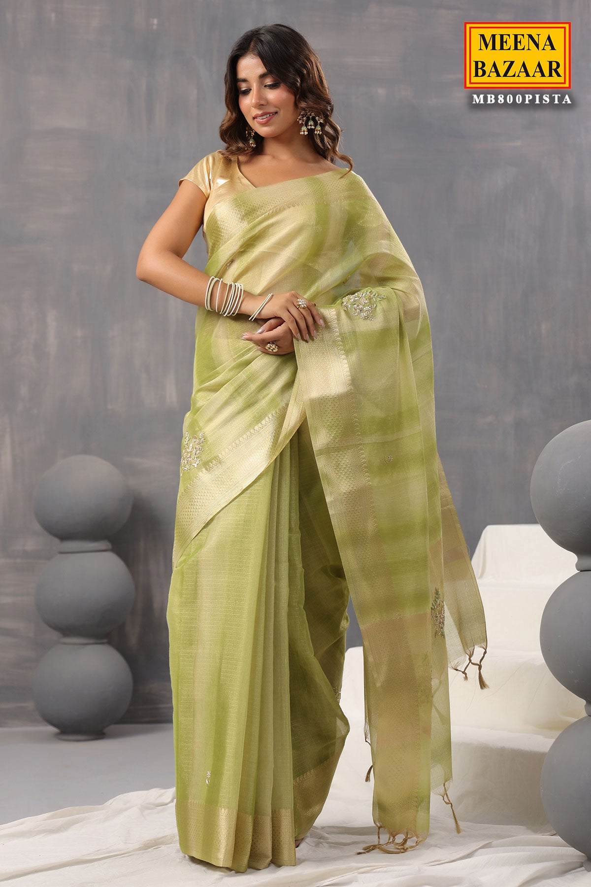 Pista Cotton Woven Embroidered Saree