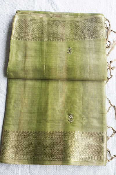 Pista Cotton Woven Embroidered Saree