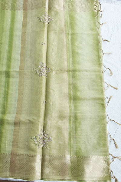 Pista Cotton Woven Embroidered Saree