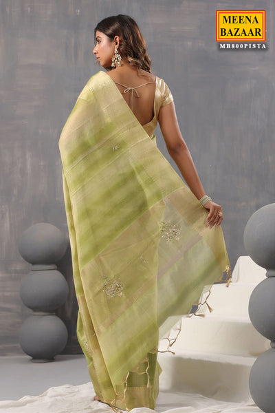 Pista Cotton Woven Embroidered Saree