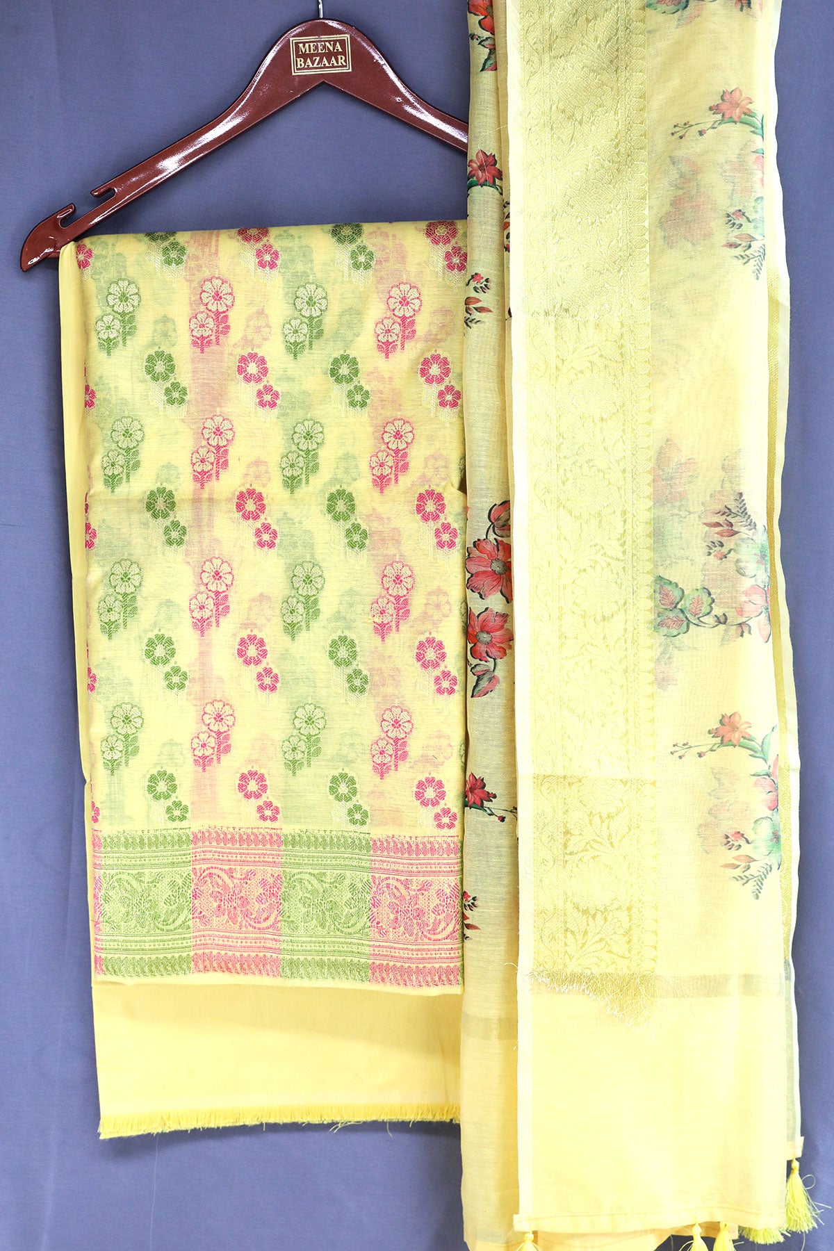 Lemon Yellow Chanderi Cotton Floral Zari Motif Unstitched Suit Set