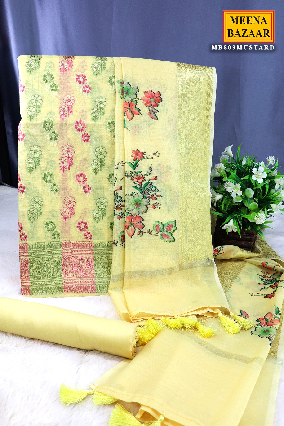 Lemon Yellow Chanderi Cotton Floral Zari Motif Unstitched Suit Set