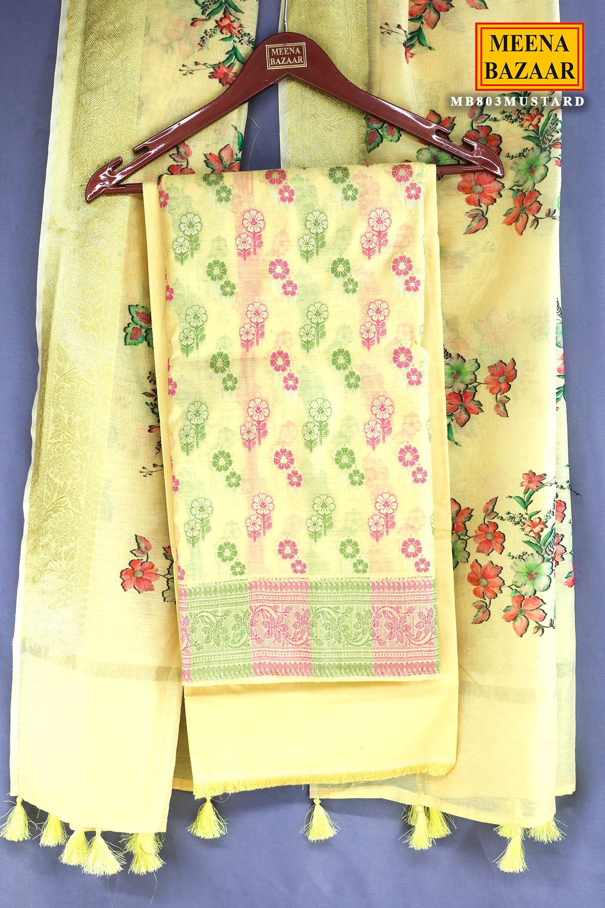 Lemon Yellow Chanderi Cotton Floral Zari Motif Unstitched Suit Set